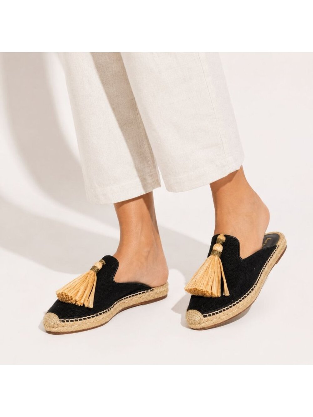 Bettye Muller Rabat Tassel Slides Womens 37 | US 8 Black Espadrille Mule Raffia